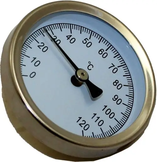 Thermometer mit einem Ziffernblatt zur Temperaturmessung von 0 bis 120 °C. Mit dem Markenlogo von Wolf auf der Vorderseite.